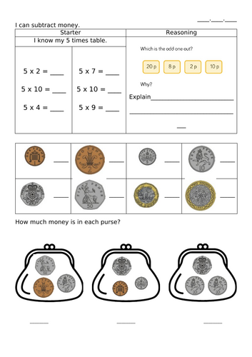 Identifying money worksheets HA,MA,LA