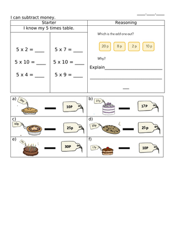 I can subtract money KS1 Worksheets
