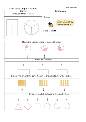 I can write simple fractions KS1 Worksheets