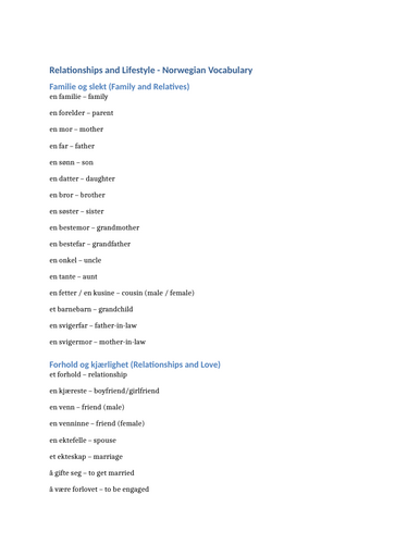 Relationships and Lifestyle - Norwegian Vocabulary