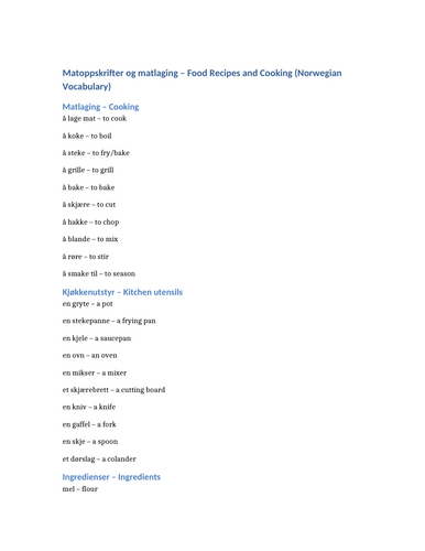 Matoppskrifter og matlaging – Food Recipes and Cooking (Norwegian Vocabulary)