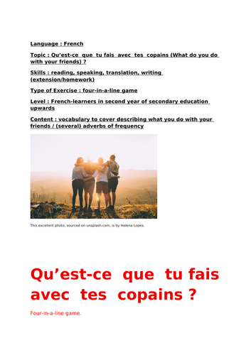 French, Qu'est que tu fais avec tes copains / adverbs of frequency, four-in-a-line game