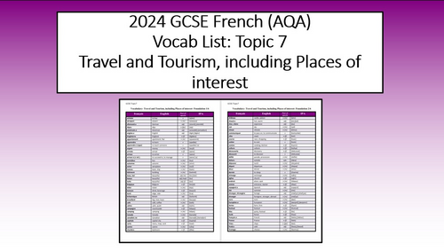 French GCSE 2024-Vocab List-Travel and Tourism, including Places of interest