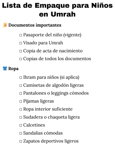 umrah packing list for kids in spanish - Lista de Empaque para Niños en Umrah