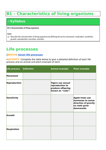 B1 Characterisitcs of living organisms (IGCSE Cambridge - Double - Biology)