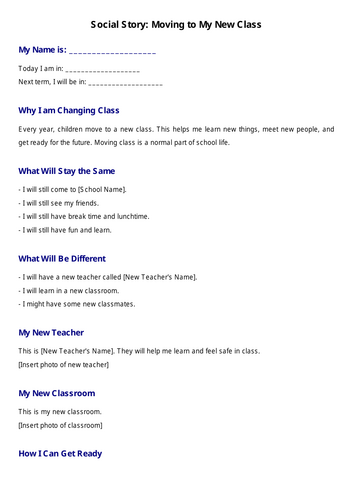 Moving to a New Class Social Story (transitions)