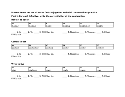 Present tense -ar, -er, -ir verbs fast conjugation and mini conversations practice