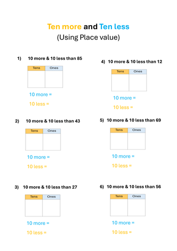 Ten more and Ten less of a 2 digit number - place value