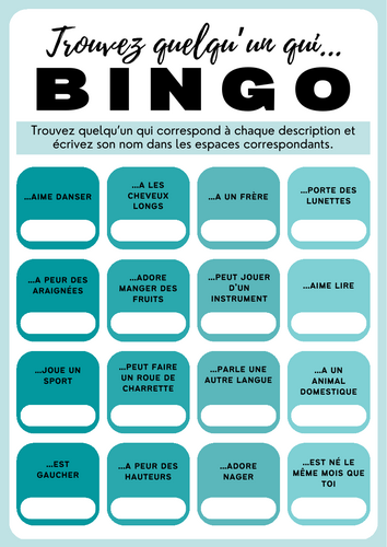 French Back to School - Getting to know you Bingo