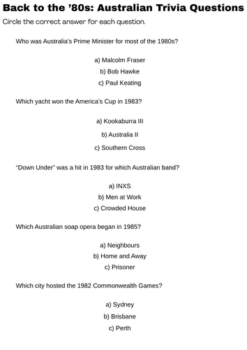 1980s australian trivia questions and answers
