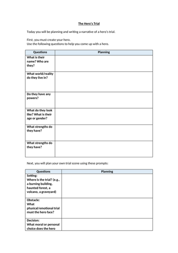 The Hero's Trial Planning Sheet