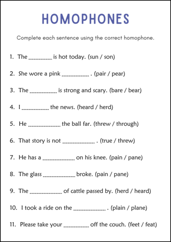 Difficult Homophones Sentences Grammar Worksheets for 1st, 2nd, and 3rd Grade