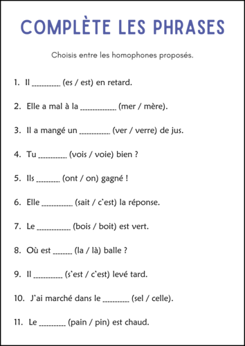 Fiches de Grammaire sur les Homophones - Homophones Grammar Worksheets in French