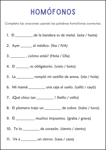 Hoja de Trabajo Sobre Homófonos - Homophones Grammar Worksheets in Spanish