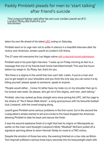 GCSE English Language Paper 2 Inference Lesson & Question Pack – Male Mental Health