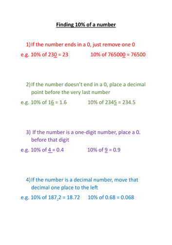 Helplsheet - 10% of an amount - Ten Percent