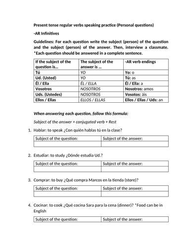 Present tense regular verbs speaking practice (Personal questions)