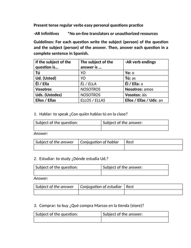 Present tense regular verbs easy personal questions practice