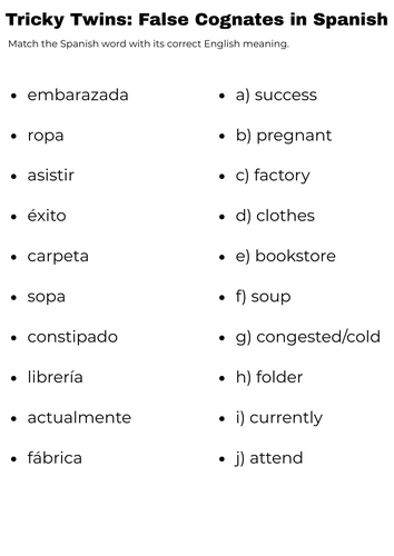 false cognates spanish worksheet