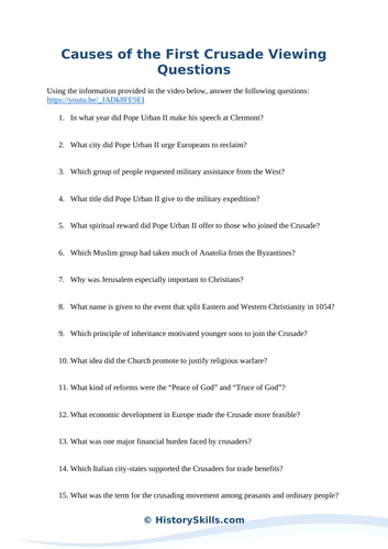 Causes of the First Crusade Video Viewing Questions Worksheet
