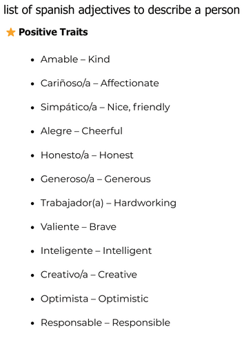 list of spanish adjectives to describe a person