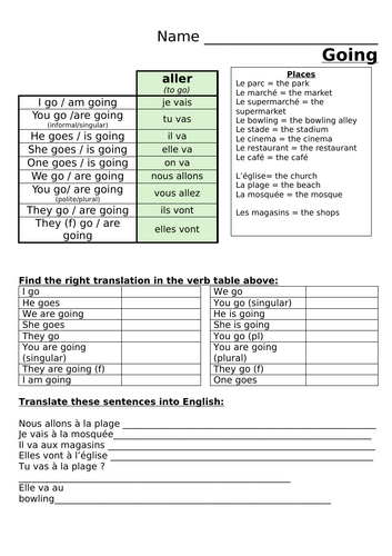 Aller (present tense) and prepositions - independent / cover work (4 pages)