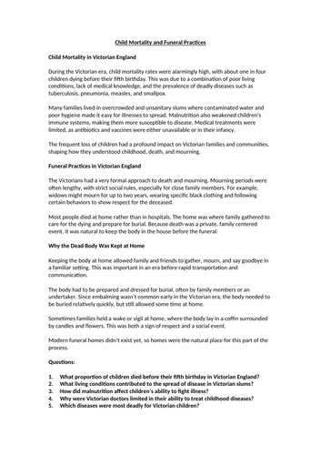 A Christmas Carol - Child Mortality and Funeral Practices Worksheet