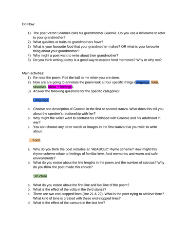 Edexcel Unseen poetry analysis worksheet