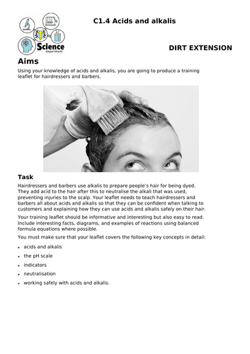 KS3 Year 7 Chemistry - Acids and Alkalis - End of Topic Test and Dirt Extensions