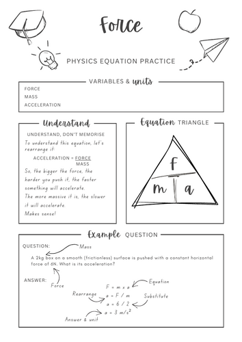 Force mass acceleration F=ma - Physics equation worksheet