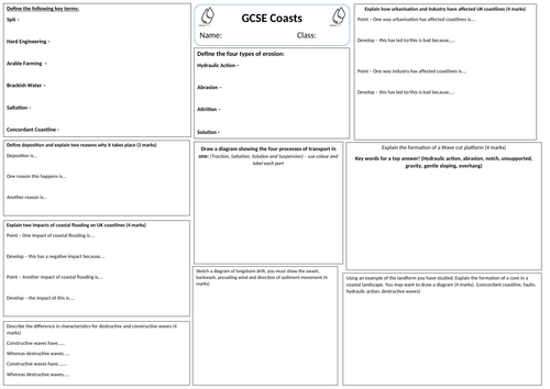 Edexcel GCSE Coasts Revision Sheet A3