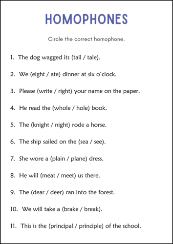 Printable Homophones and Homographs Grammar Worksheets for 1st 2nd 3rd Grade