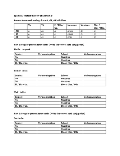 Spanish 3 Pretest (Review of Spanish 2)