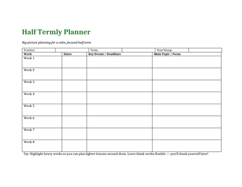 Half Termly planner