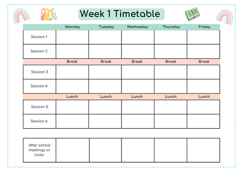 First week back blank timetable