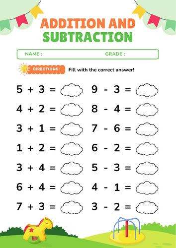 Addition and Subtraction Number Math Worksheets Within 10 for Grade 1