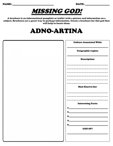 Aboriginal Gods Worksheet Bundle "Missing God Brochure" (10 Assignments)
