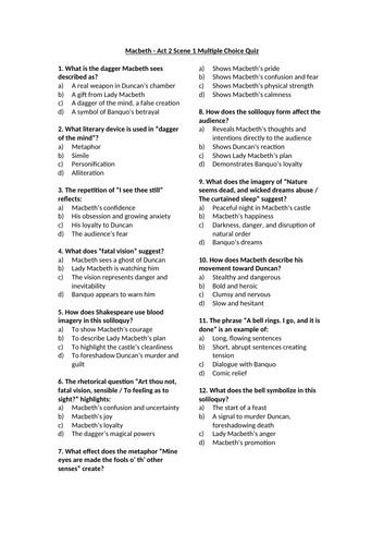 Macbeth - Act 2 Multiple Choice Quizzes