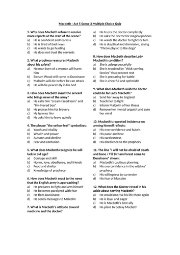 Macbeth - Act 5 Multiple Choice Quizzes