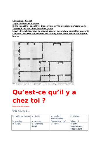 French, rooms in a house, four-in-a-line game with (writing) extension