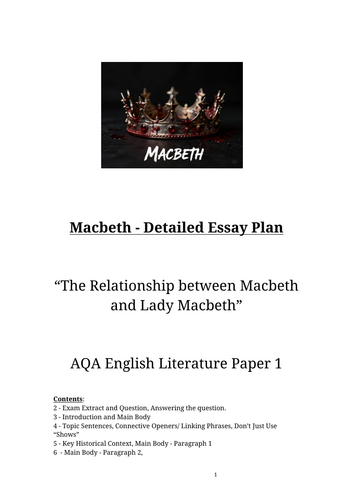 Macbeth - Detailed Essay Plan “The Relationship between Macbeth and Lady Macbeth”