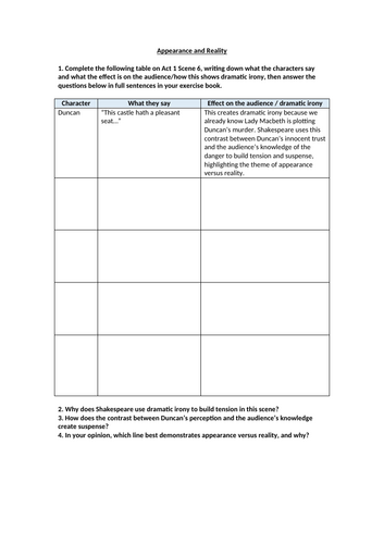 Macbeth - Act 1 Scene 6 Appearance and Reality Worksheet
