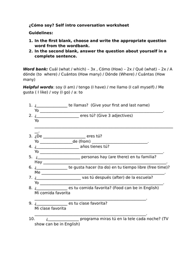 ¿Cómo soy? Self intro conversation worksheet