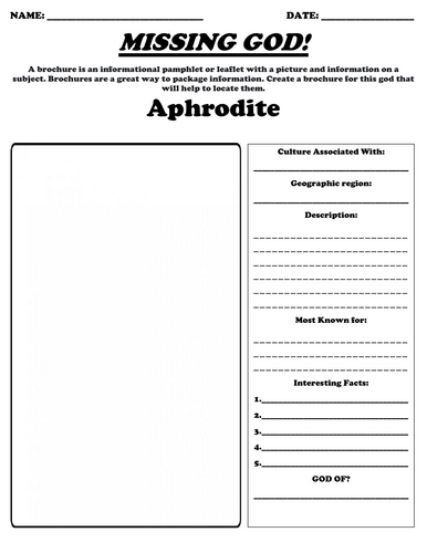 Greek Gods Worksheet Bundle "Missing God Brochure" (14 Assignments)