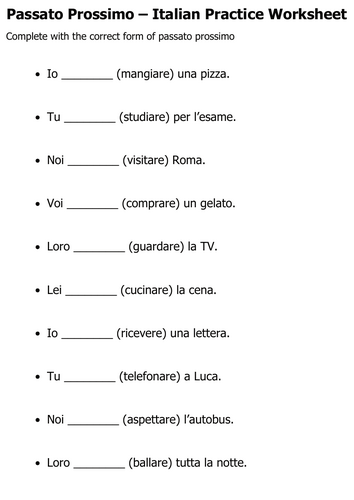 passato prossimo italian worksheet