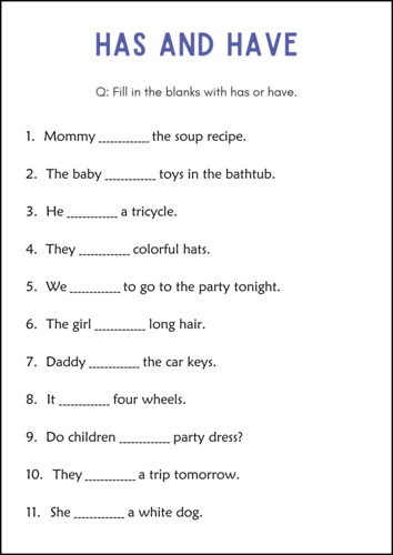Printable Has and Have Grammar Worksheets for Grade 1, 2, 3