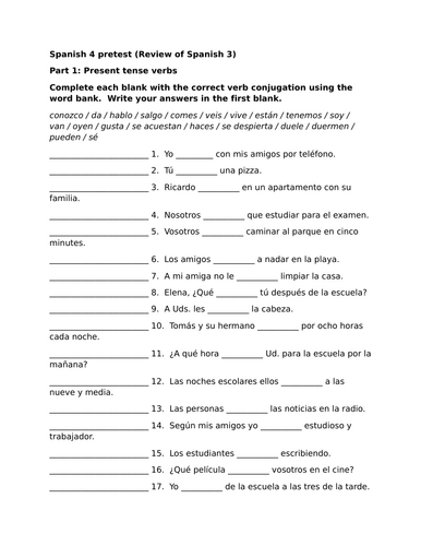 Spanish 4 pretest (Review of Spanish 3)