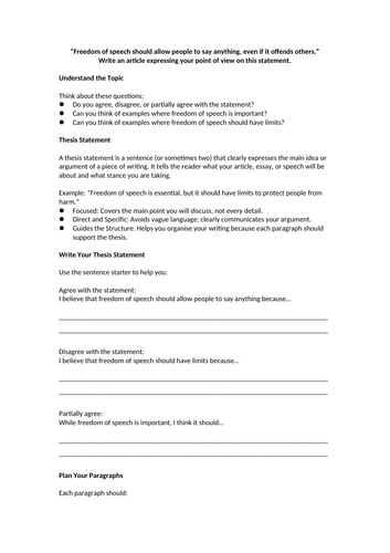 Planning Worksheet - Freedom of Speech Article