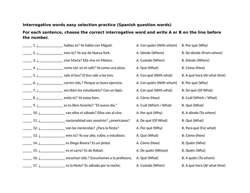 Interrogative words easy selection practice (Spanish question words)