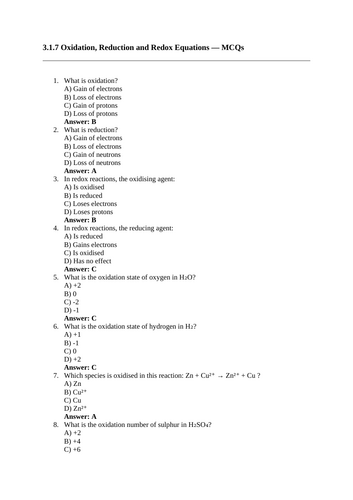 AQA A-Level Chemistry Recall Questions – 3.1.7 Oxidation, Reduction and Redox Equations (Multiple Ch